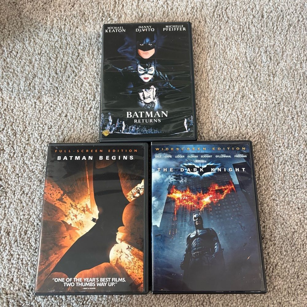 Lot of 3 Batman DVD Movies. Batman Returns, Batman Begins, The Dark Knight